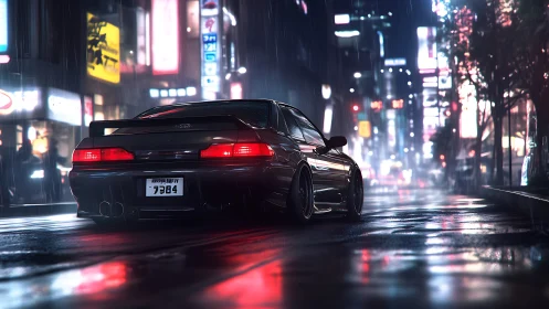 Midnight street racer gliding through neon city rain.