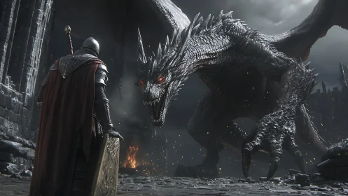 Cinematic 3D duel of armored knight and dragon in ruins.