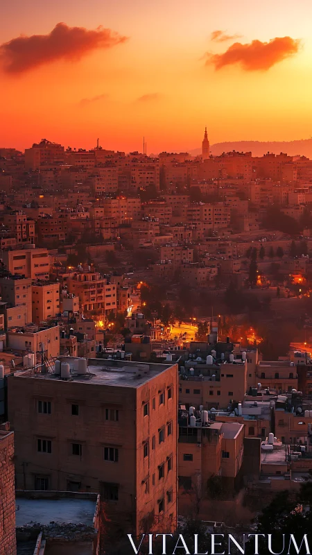 Dense hillside cityscape under high-contrast orange sunset gradient