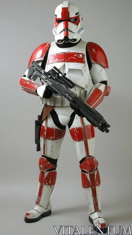 Armored sci-fi trooper in distressed red and white combat suit