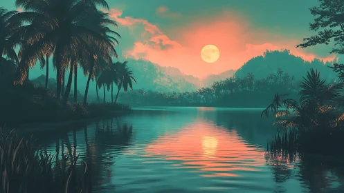 Luminous full moon bathes tranquil tropical lagoon in neon dusk.