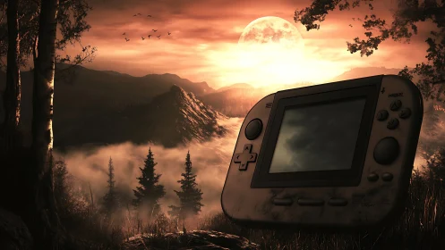 Weathered handheld console in misty sunset mountain valley