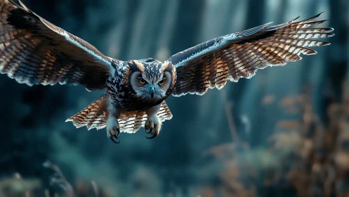 Majestic owl in flight through misty forest, cinematic style.