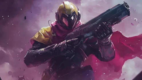Armored space ranger aiming rifle amid violet storm clouds.