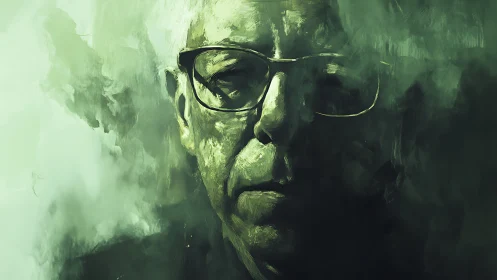 Elderly male portrait in green monochrome digital abstraction.
