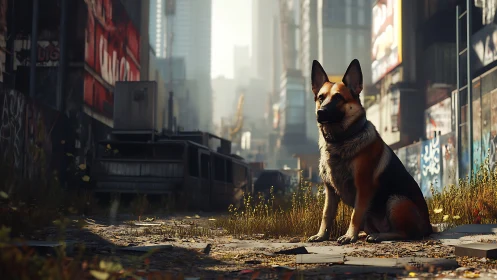 Streetwise shepherd quietly crowns an abandoned neon city