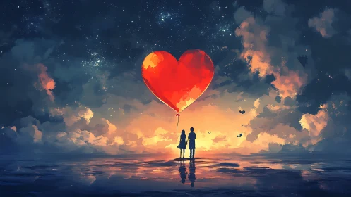 Two Hearts Beneath Scarlet Dreams. Digital Art.
