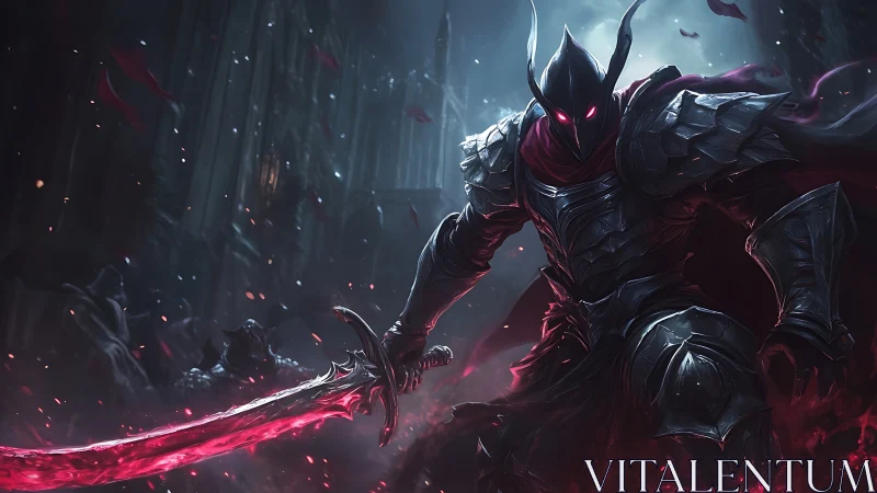 Armored dark knight advances with glowing red sword