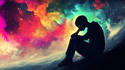 Silhouetted figure contemplates beneath chromatic cosmic nebula.
