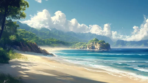 Tropical Coastal Landscape with Verdant Mountains, Distant Island Formation, and Luminous Cloud Cove