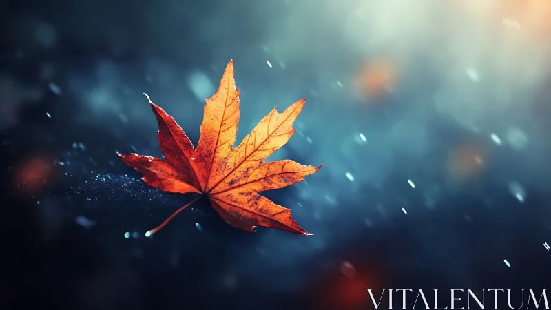 Warm autumn leaf glows gently against a dreamy blue haze