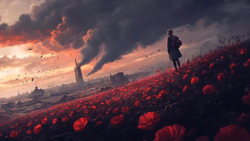 Lone soldier surveys burning city beyond scarlet poppies.