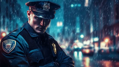 Neon rain carves a silent oath across the watchful officer