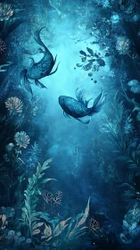 Two koi fish in deep blue underwater floral scene.