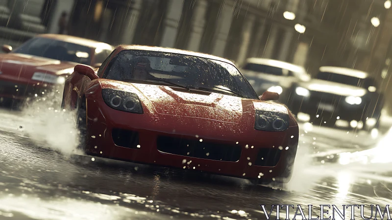 Red street racer skims rainy asphalt in cinematic blur.