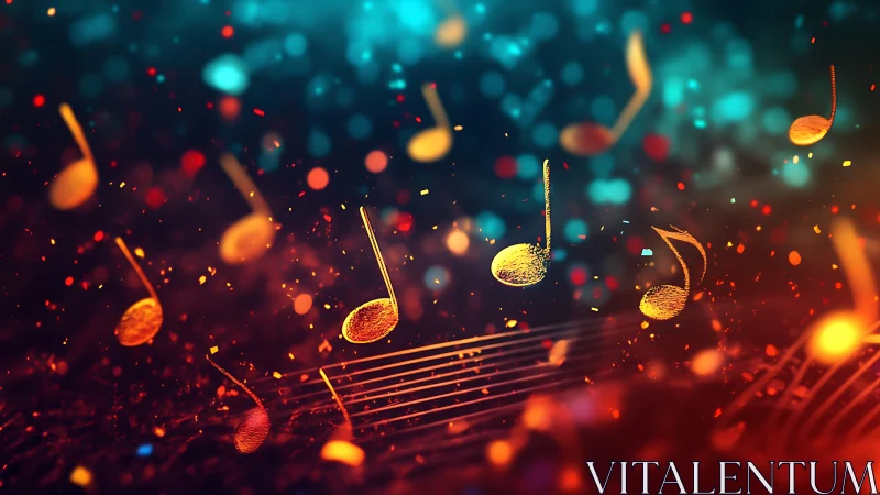 Glowing musical notes dancing through a colorful night sky.