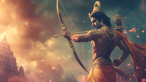 Warrior archer in profile draws bow before distant temple