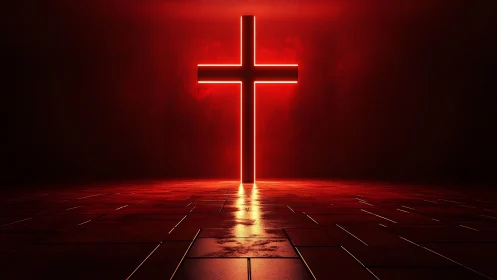 Minimalist neon cross in red-lit reflective corridor space.