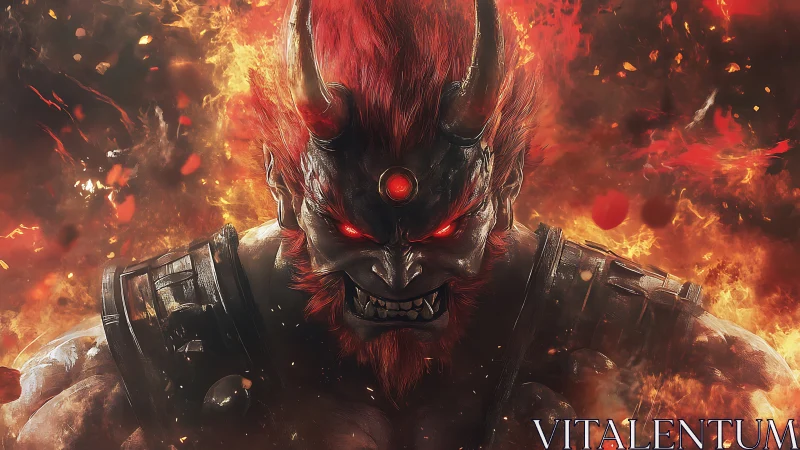 Infernal warlord rising from wildfire, eyes blazing red.