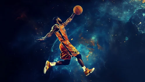 Dynamic basketball dunk captured in cosmic nebula color field
