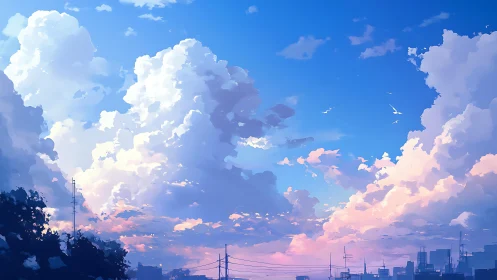 Layered cumulonimbus over silhouetted cityscape under warm dusk light