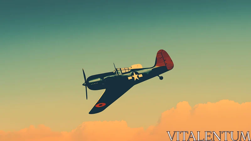 Vintage warbird silhouette over stylized sunset clouds.