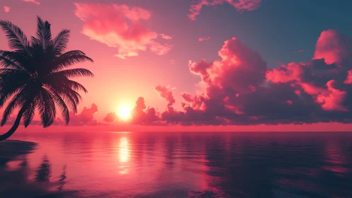 Palm silhouette against saturated pink ocean sunset.