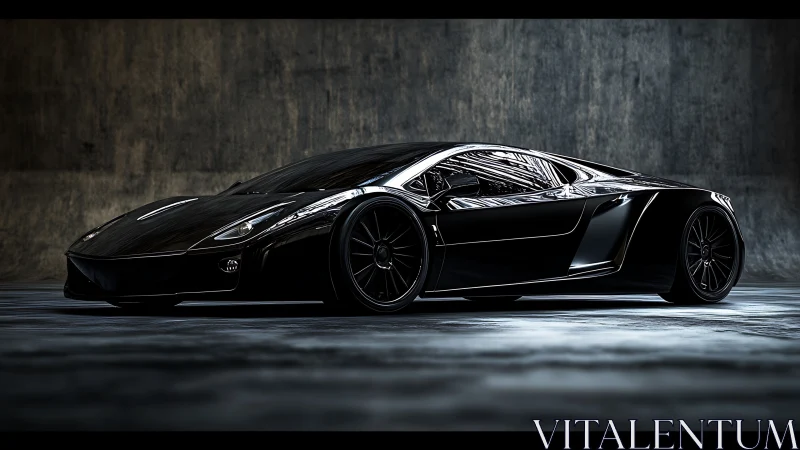 Black hypercar profile in moody studio hard-edge lighting.