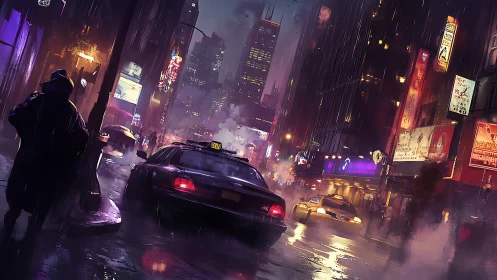 Rain-soaked neon street frames taxi chase through city