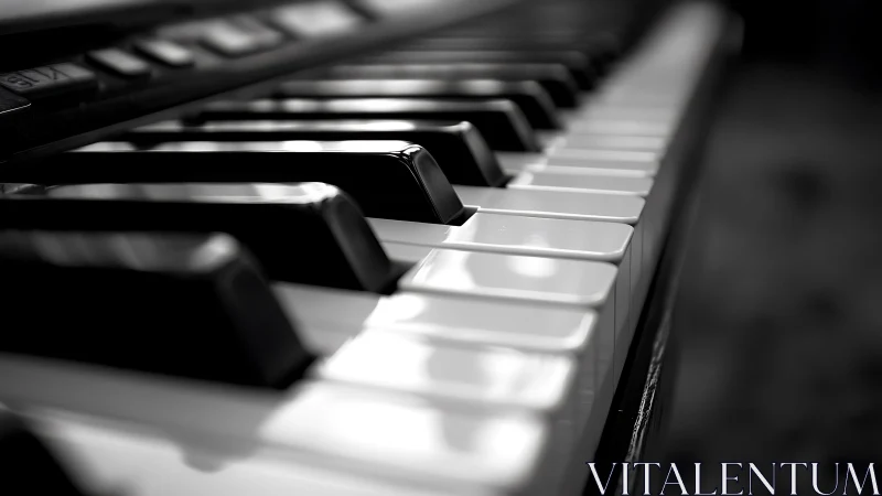 Close-up monochrome view of piano keyboard keys in focus.