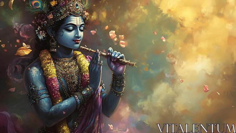 Blue flute player in golden light and drifting petals.