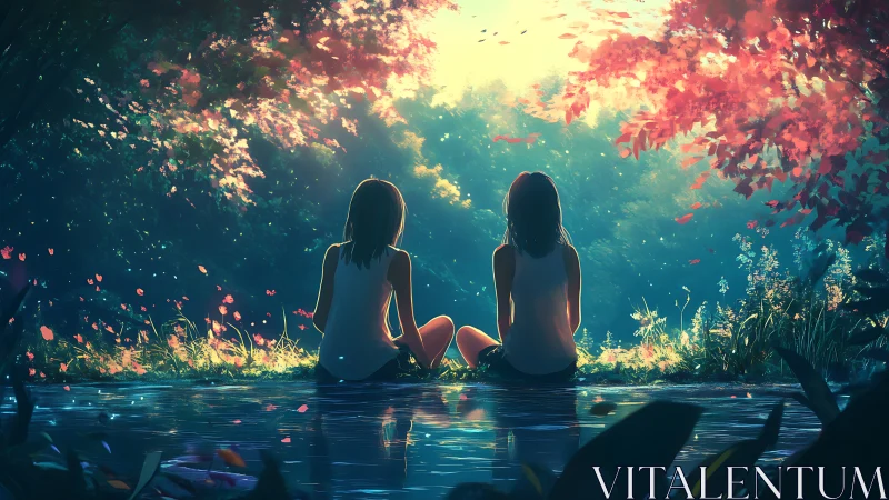 Two seated figures by reflective forest water surface.