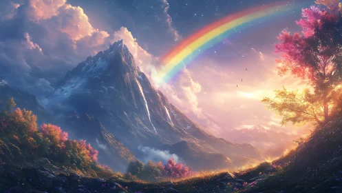 Rainbow arcs over luminous alpine peak at twilight glow.