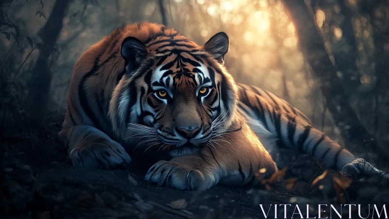 Low-key warm backlit tiger portrait in dense forest undergrowth