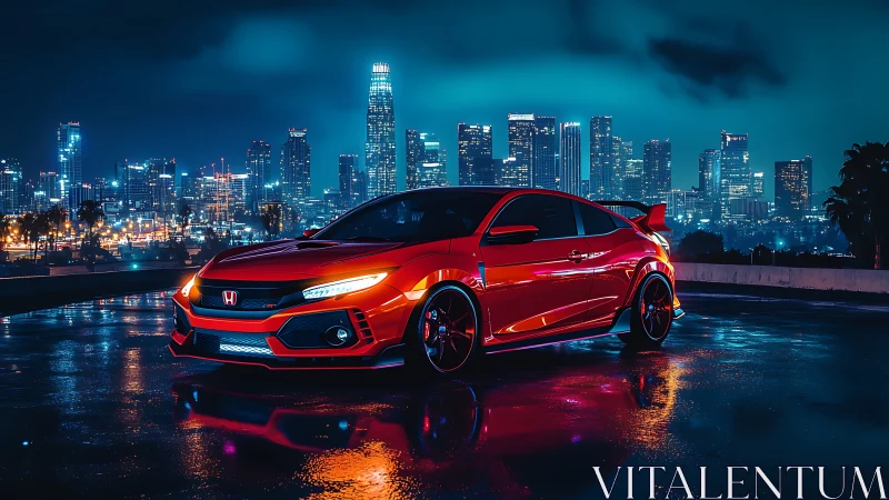 Crimson street rocket hums beneath neon soaked city glow