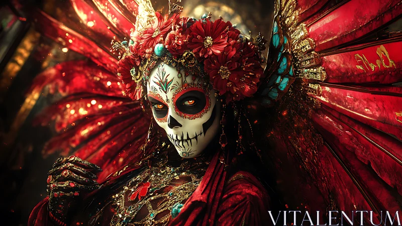 Day of the Dead queen in ornate crimson feathered regalia.