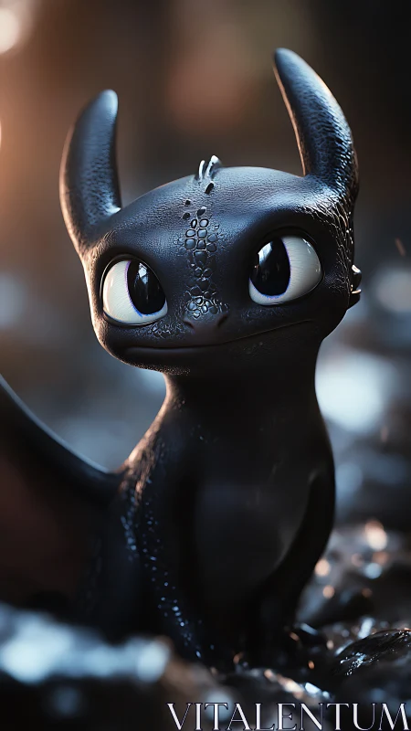 Wide-eyed midnight dragonling under soft ember light.