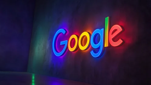 Multicolor Google wordmark rendered as neon-style wall signage