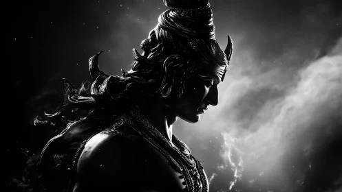 Serene divine profile in moonlit monochrome radiance.