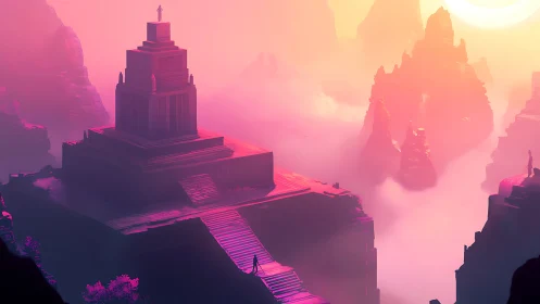 Sunlit temple rises over misty neon canyon at dawn.