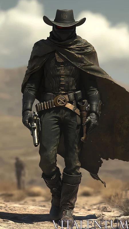 Masked gunslinger in dark armor strides across desert plain.