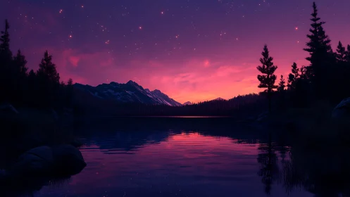 Violet twilight sky over still alpine lake reflection.