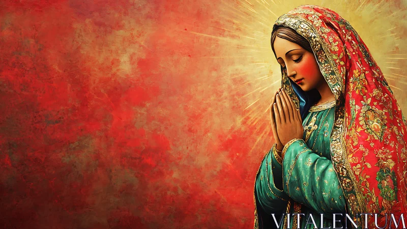 Devotional portrait of praying woman in ornate garments.