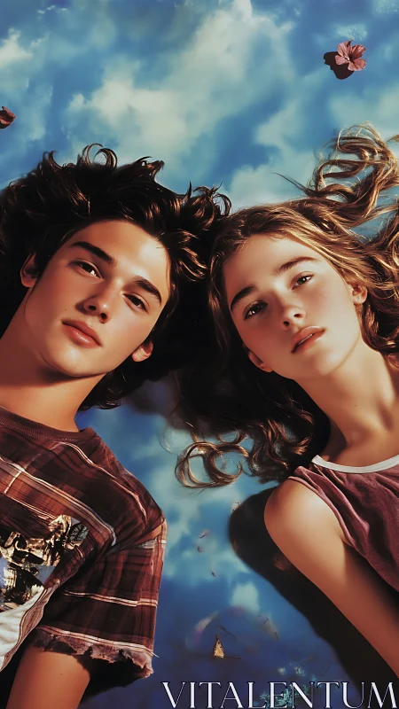 Two youths lie side by side against a stylized sky backdrop