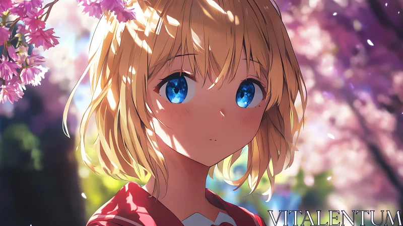 Blonde anime girl under cherry blossoms in spring bokeh light