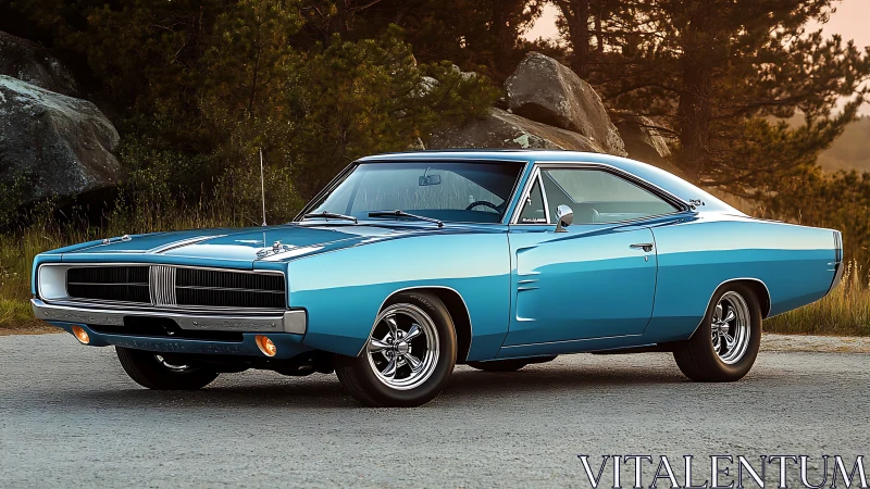 Blue classic muscle car parked on roadside near trees.