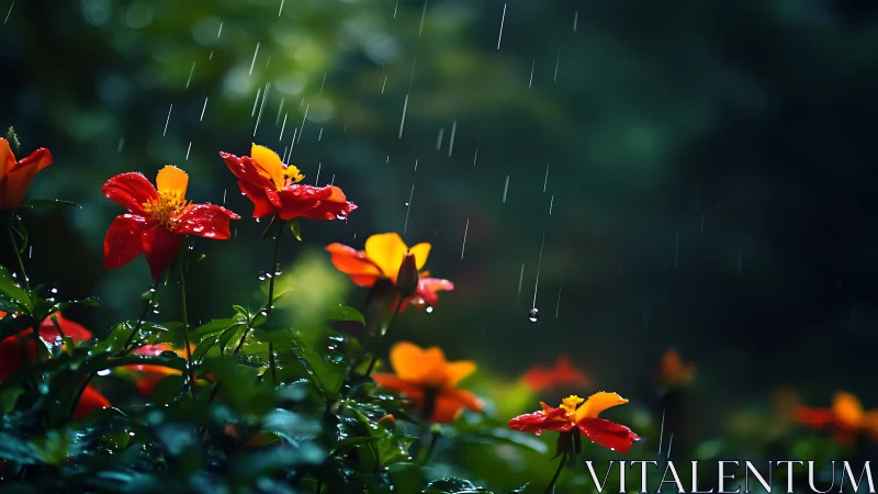 Red and orange garden flowers under rainfall at dusk.