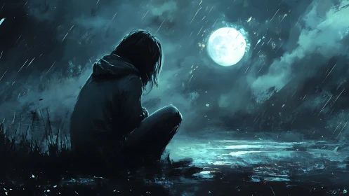 Solitary figure watches full moon over rainlit water.