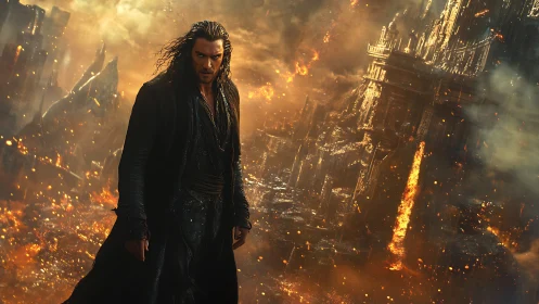 Dark-robed warlord before collapsing infernal citadel in flames