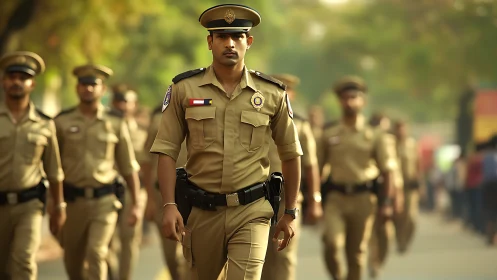 Police officers walk in formation down a sunlit street